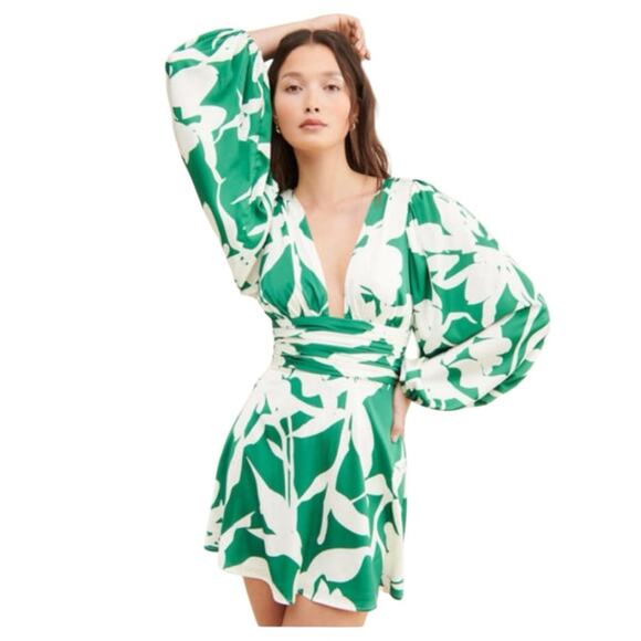 Hutch Long Sleeve Mini Dress Green and White Satin Size 6 - Picture 1 of 9